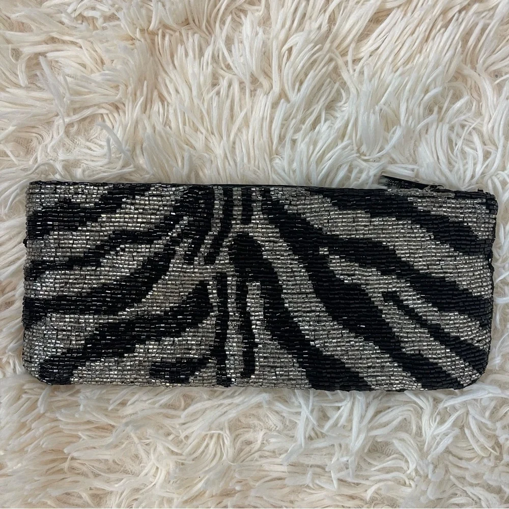 Beaded Neiman Marcus Mini Clutch with Zipper 8”x 3” zebra print